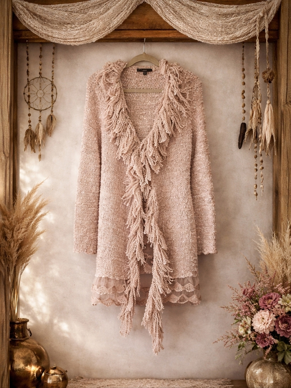 Vintage Y2K Sioni Ruffle Cardigan Size L Pink Penny Lane Boho Sweater EUC